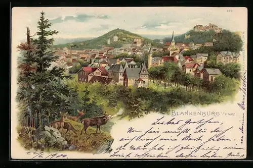 Lithographie Blankenburg /Harz, Ortsansicht mit Hirschen am Waldrand