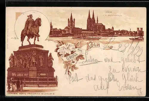 Lithographie Köln, Denkmal König Friedrich Wilhelm III. und Ortsausblick
