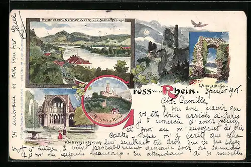 Lithographie Rolandseck, Drachenfels, Kloster Heisterbach, Rolandsbogen