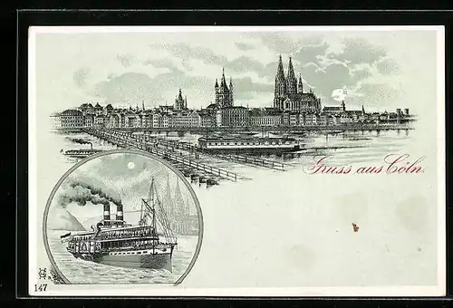 Lithographie Köln, Panorama, Rheindampfer