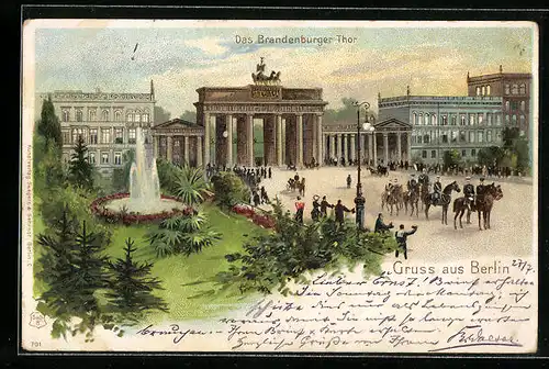 Lithographie Berlin, Blick von den Anlagen auf das Brandenburger Tor