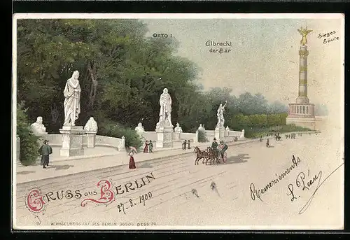 Lithographie Berlin-Tiergarten, Denkmäler Otto I. und Albrecht der Bän, Siegessäule