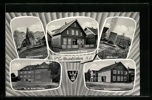 AK Neuenkirchen, Kolonialwaren E. Sturm, H. W. Kopf Schule, Gemeindeamt