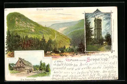 Lithographie Gehlberg, Gasthaus Schmücke und Schneekopfturm