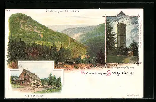 Lithographie Gehlberg, Gasthaus Schmücke, Schneekopfturm, Panorama