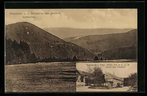 AK Schmücke i. Thür. Wald, Hotel und Pesnion, Panorama mit Sachsenstein v. d. Schmücke aus gesehen