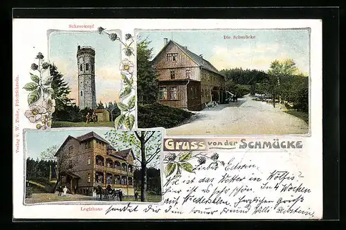 AK Gehlberg / Thür. Wald, Gasthaus Schmücke mit Schneekopf und Logirhaus