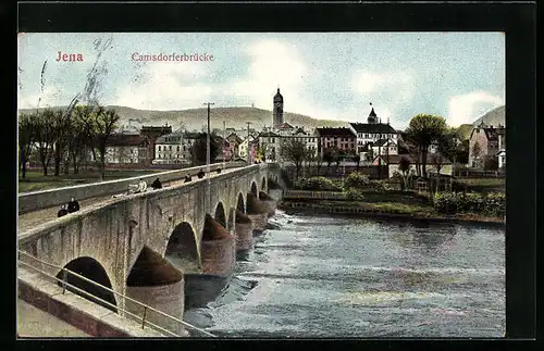 AK Jena, Camsdorferbrücke mit Stadtblick