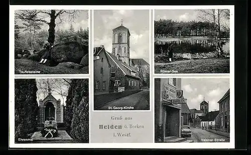 AK Heiden ü. Borken i. Westf., Velener Strasse mit Gasthaus Drchen-Eck, St. Georg-Kirche, Ehrenmal