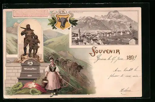 AK Altdorf, Gesamtansicht, Bauer beim Pflügen des Feldes, Telldenkmal