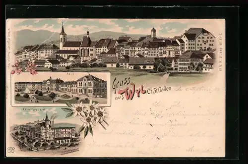 Lithographie Wil, Aktienbrauerei, Asyl, Teilansicht