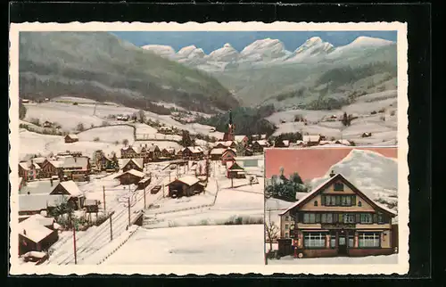 AK Nesslau, Winter-Panorama und Hotel Post