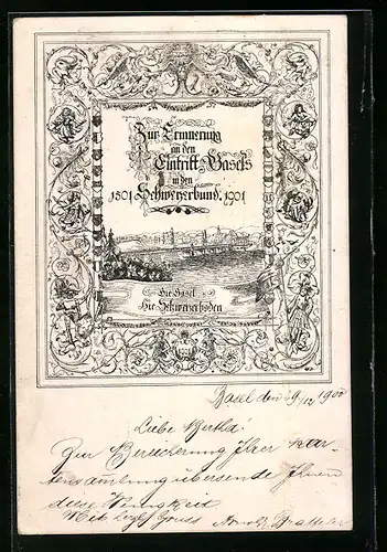 Lithographie Basel, Zur Erinnerung an den Eintritt Basels in den Schweizerbund 1501-1901, Teilansicht mit Brücke