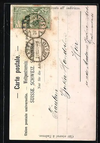 Lithographie Basel, Zur Erinnerung an den Eintritt Basels in den Schweizerbund 1501-1901, Teilansicht mit Brücke