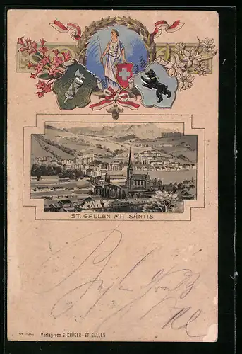 Präge-Lithographie St. Gallen, Ortsansicht mit Säntis, Wappen