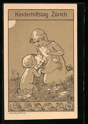 AK Zürich, Kinder pflücken Blumen auf der Wiese, Kinderhilfstag, Kinderfürsorge