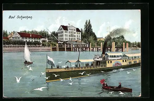 AK Bad Schachen, Uferpartie mit Dampfer