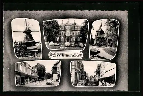 AK Wittmund /Ostfr., Drostenstrasse mit Geschäften, Kreishaus, Siuts-Mhle