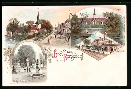 Lithographie Hamburg-Bergedorf, Bahnhof, Pension R. Sievers, Schloss