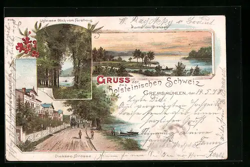 Lithographie Malente, Diekseestrasse, Ugleisee mit Blick vom Forsthaus