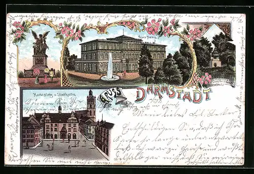 Lithographie Darmstadt, Kriegerdenkmal, Neues Palais, Markt mit Stadtkirche
