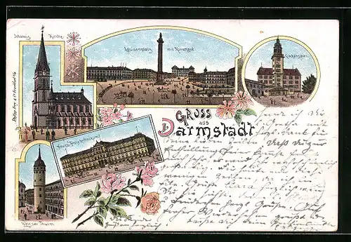 Lithographie Darmstadt, Weisser Turm, Neues Polytechnikum u. Glockenspiel