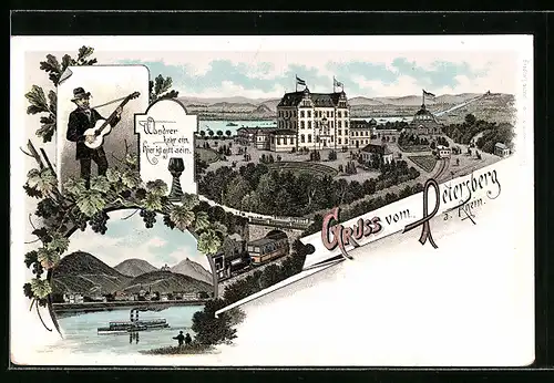 Lithographie Petersberg a. Rhein, Hotel am Petersberg, Uferpartie, Wanderer mit Gitarre