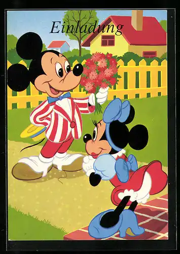 AK Micky Maus bringt Minnie Blumen