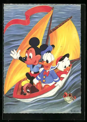 Künstler-AK Walt Disney, Donald mit Neffe, Micky Maus und Susi in Segelboot