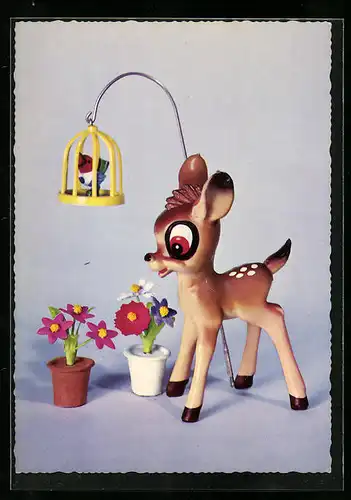 AK Bambi mit Blumen und Vogel im Käfig