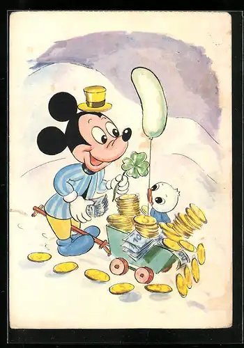 AK Micky Maus mit einer Schubkarre voller Goldmünzen