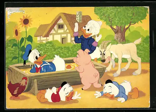AK Donald Duck mit Tick und Trick auf dem Bauernhof
