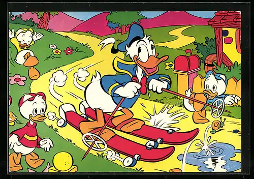 AK Donald Duck auf Skiern mit Tick, Trick und Track