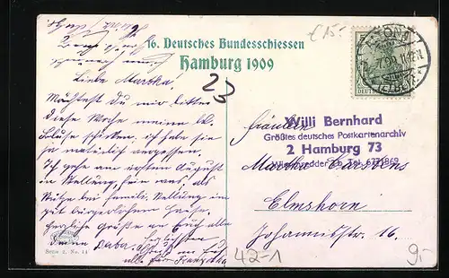 Künstler-AK Hamburg, 16. Deutsches Bundesschiessen 1909, Menschenmengen am Bahnhof