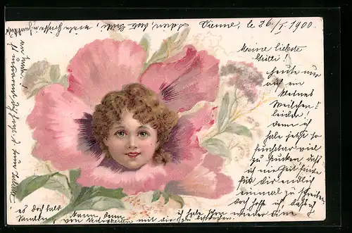 Lithographie Kinderkopf in rosafarbener Blüte, Metamorphose