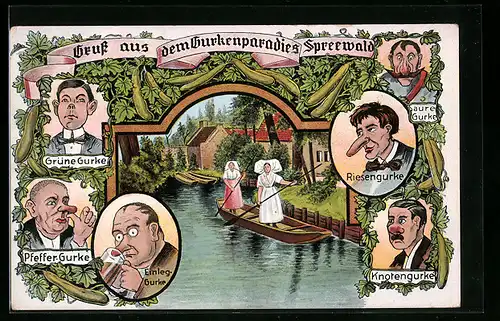 Künstler-AK Gurkennasen aus dem Spreewald mit Spreewälderinnen in Tracht im Kahn