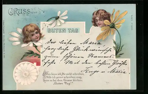 Lithographie Kinderköpfe in weisser und gelber Blüte, Metamorphose