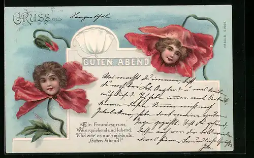 Lithographie Guten Abend, Blüten mit Köpfen in der Mitte, Metamorphose