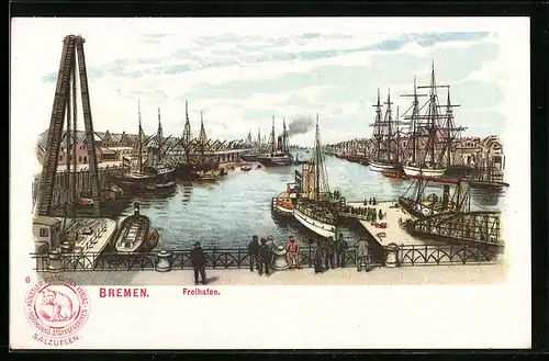 Lithographie Bremen, Freihafen mit Schiffen