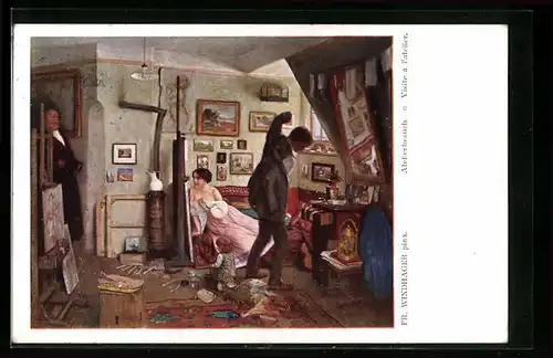 AK Atelierbesuch von Mann bei einem Maler mit Familie