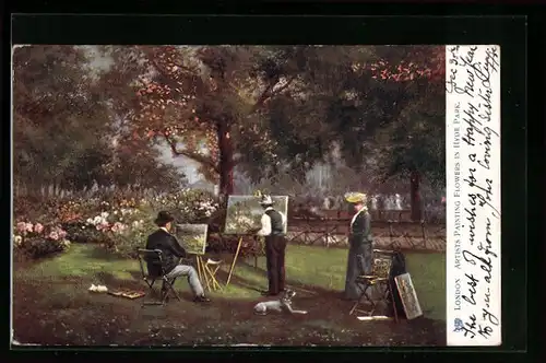 AK Zwei Maler und Frau mit Hund im Freien