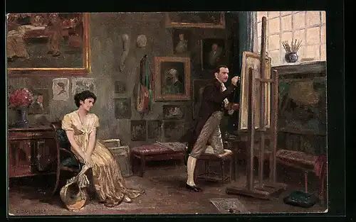 Künstler-AK Der Maler portraitiert eine Dame in seinem Atelier