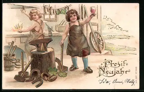 Präge-AK Neujahrsgruss, Schmiede, Hufeisen