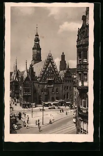 AK Breslau, Strassenpartie am Rathaus