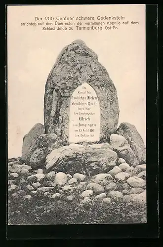 AK Tannenberg /Ost-Pr., Gedenkstein errichtet auf den Überresten der verfallenen Kapelle