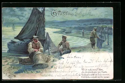 Lithographie Fischer beim Ausbessern ihrer Netze am Strand