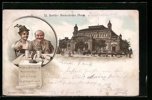 Lithographie Mainz, XI. Deutsches Bundesschiessen und dralles Weib im Wirtshaus