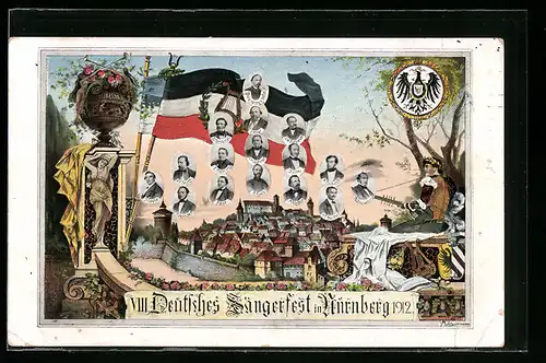 AK Nürnberg, VII. Deutsches Sängerfest 1912, verschiedene Komponisten in Portrais, Ortsansicht