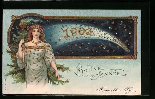 AK Dame mit Fackel zum Jahreswechsel, Jahreszahl 1903