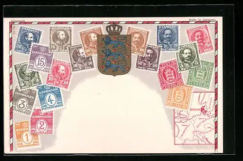 AK Briefmarken, Landkarte und Wappen Dänemarks, Krone